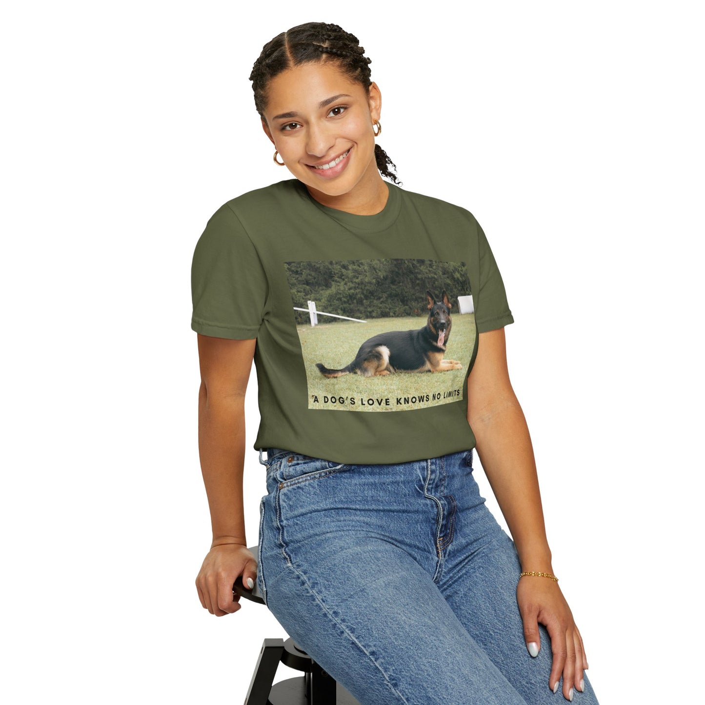 Unisex Dog Lover T-Shirt With a Giant German Shepherd Resting On the Grass Leaving Tongue Out and Text A Dog's Love Knows