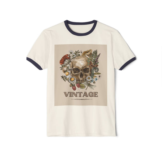 Vintage-Inspired Skull Ringer T-Shirt, Unisex Tee, Boho Style Shirt, Retro Graphic Top, Unique Gift for Halloween, Nature Lovers Apparel