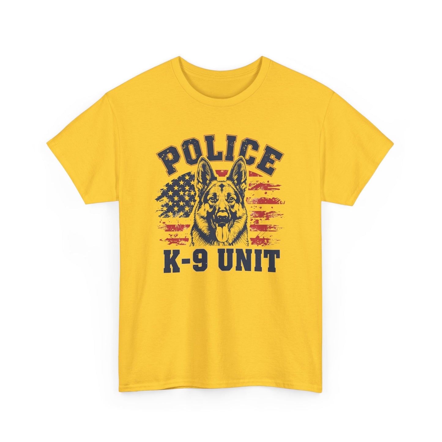 Patriotic Police K-9 Unit T-Shirt With American Flag in Background, Unisex Heavy Cotton Tee