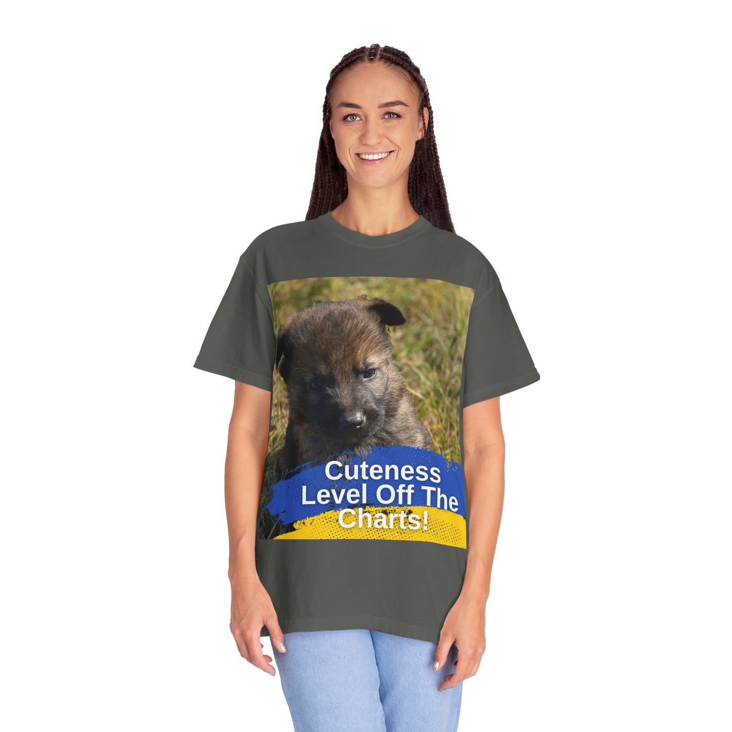 Unisex Dog Lover T-Shirt Featuring a German Shepherd Puppy and Caption Cuteness Level Off The Charts