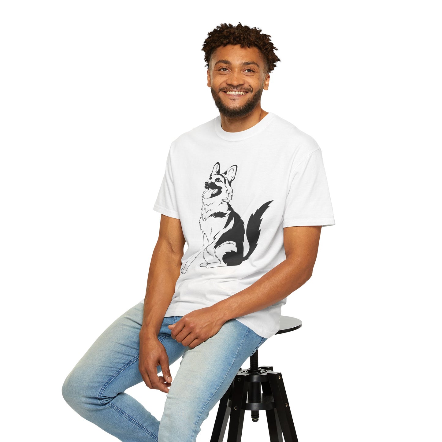 Unisex Dog Lover T-Shirt With a Graphic of Black and Transparent German Shepherd Sloppily Sitting