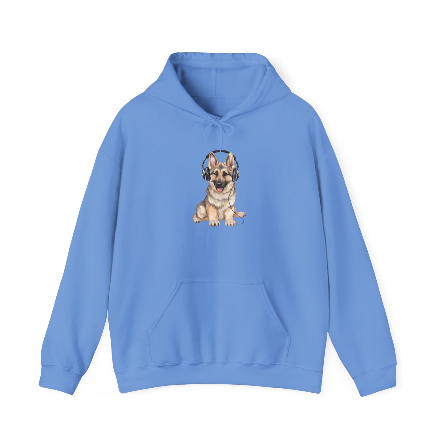 Unisex Dog Lover Hoodie With a German Shepherd Wearing Headphones Enjoying Music