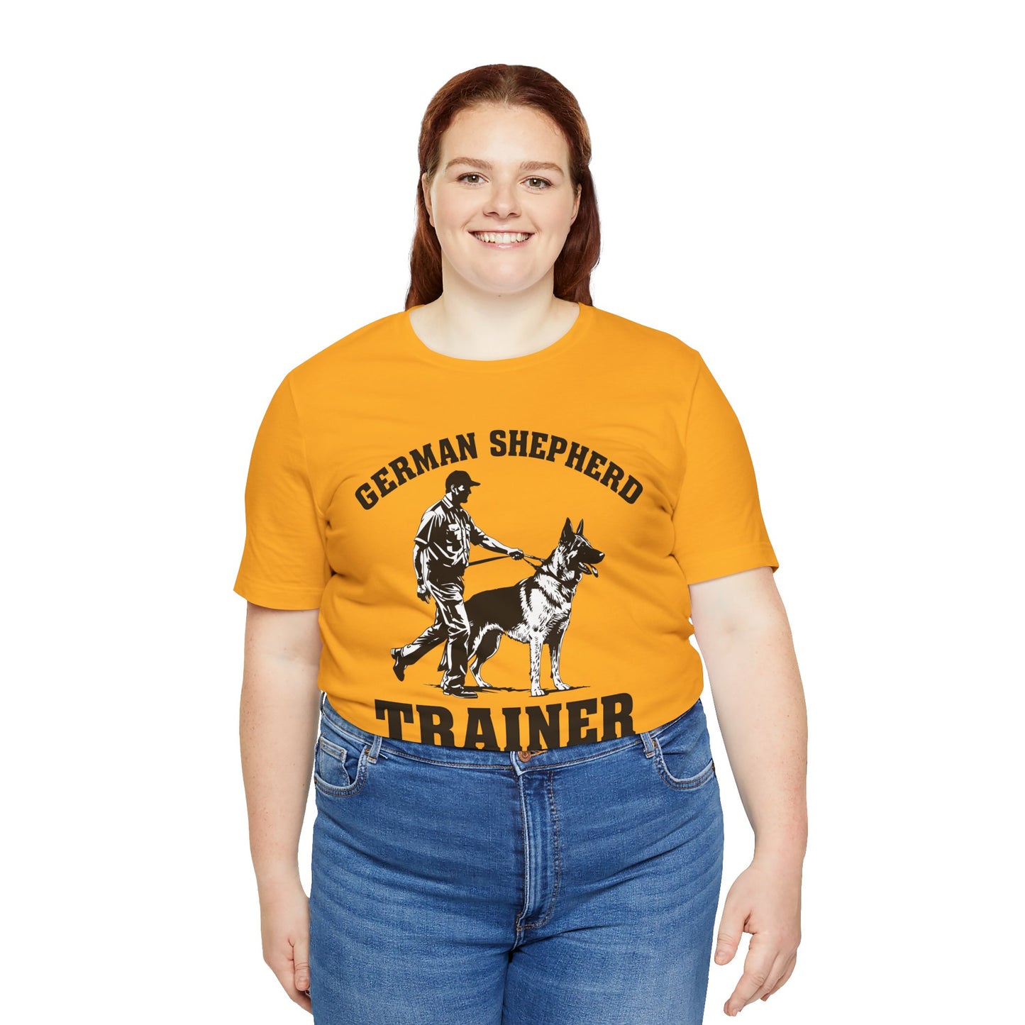 German Shepherd Trainer Tee - Black and White Design of Man Holding a German Shepherd