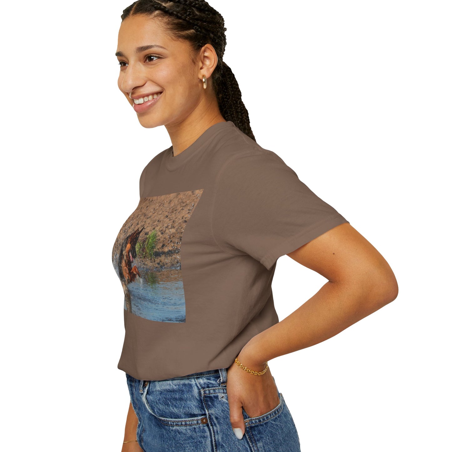 Unisex Dog Lover T-Shirt With Giant German Shepherd Jumps in the River