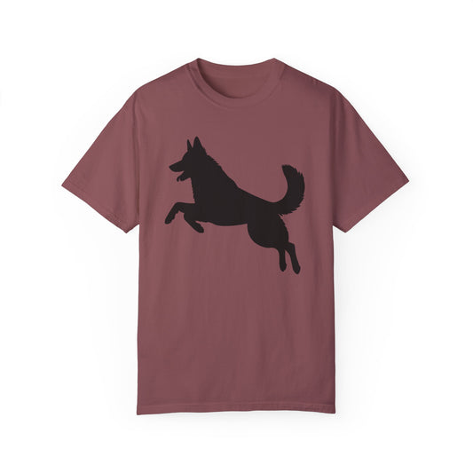 Unisex Dog Lover T-Shirt With a Graphic of Solid Black German Shepherd Jumping in the Air