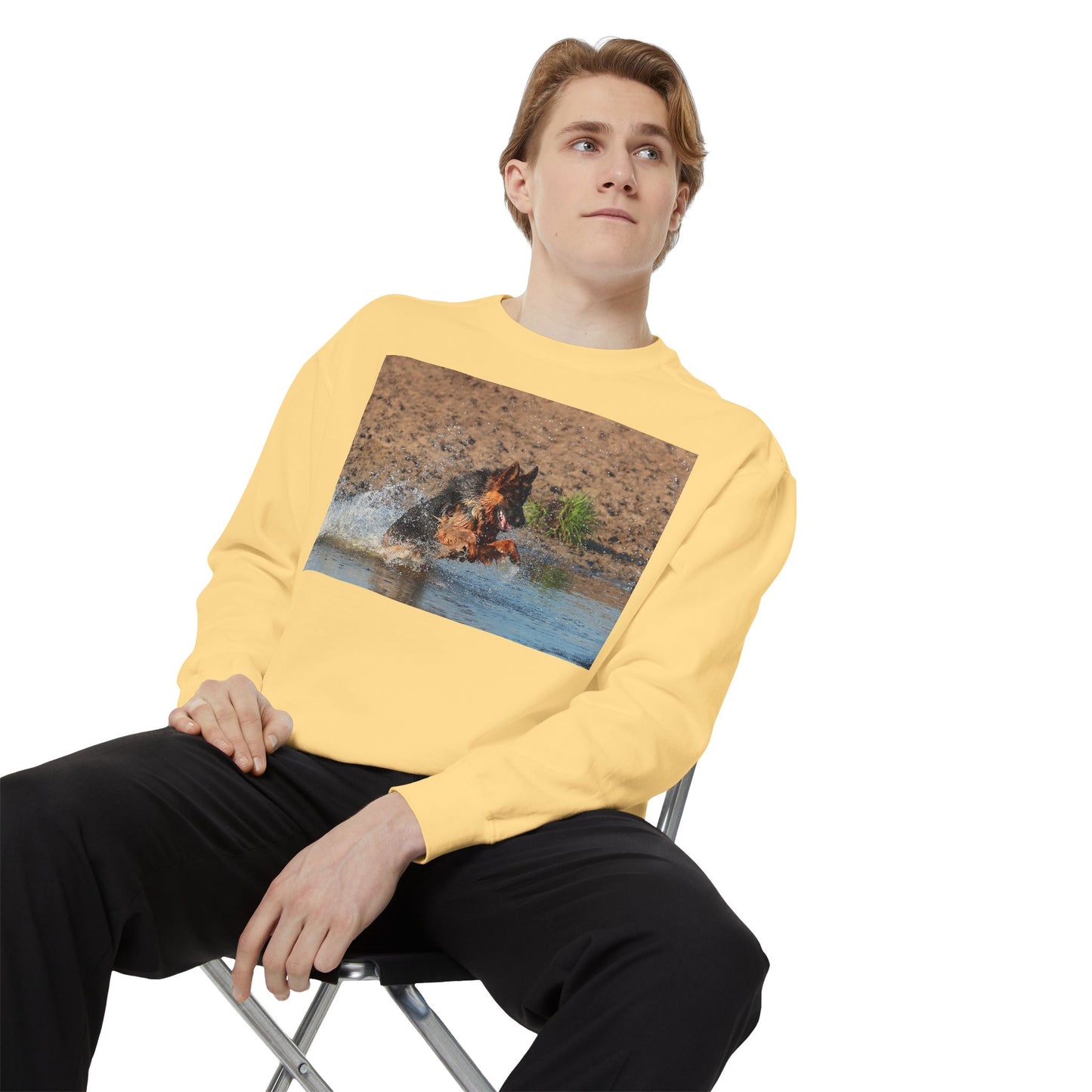 Unisex Dog Lover Sweatshirt With a Long Coat German Shepherd Jumps in the River