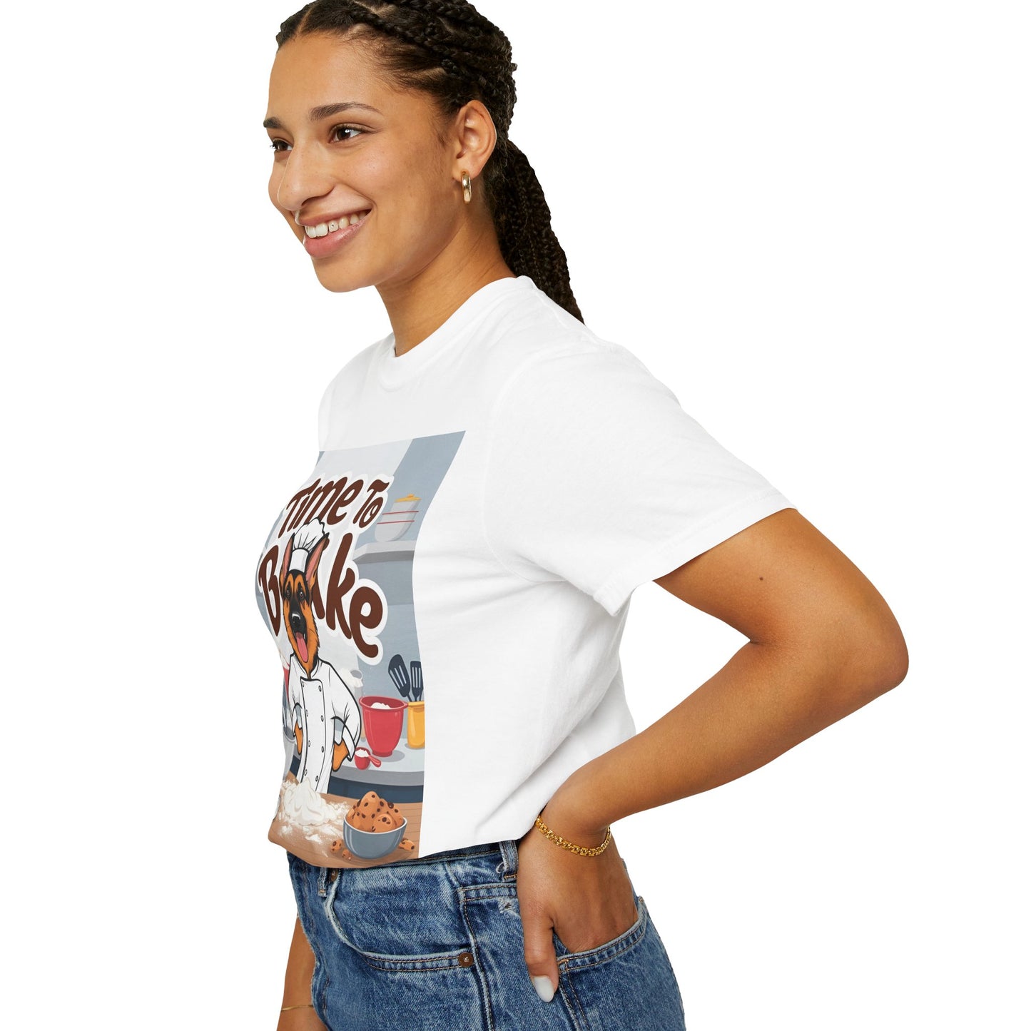 Unisex Dog Lover T-Shirt With Graphic of German Shepherd Wearing Chef Suit and Caption Time To Bake