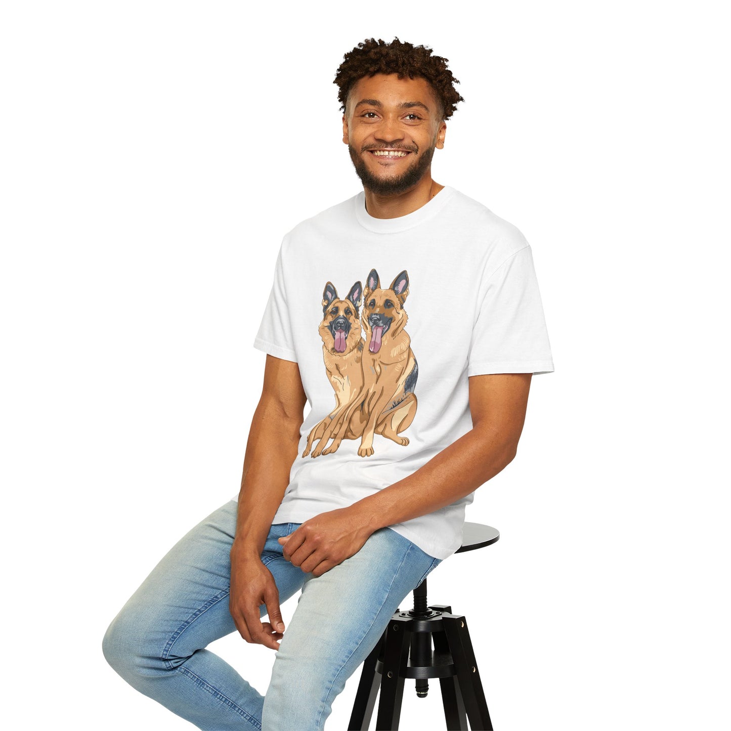 Unisex T-Shirt With Graphic of Two German Shepherds Sloppily Sitting Leaving Tongue Out