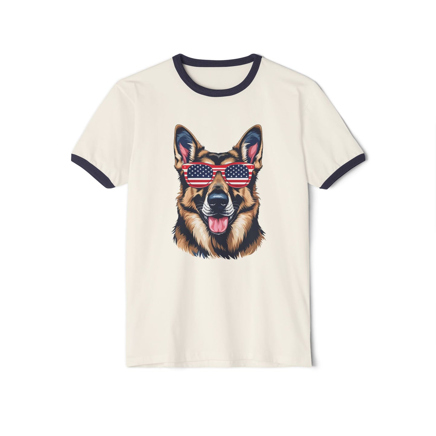 Patriotic Dog Lover German Shepherd Tee - Unisex Cotton Ringer T-Shirt with American Flag Sunglasses, Pet Owner Gift, 4th of July Apparel, Fun Summer