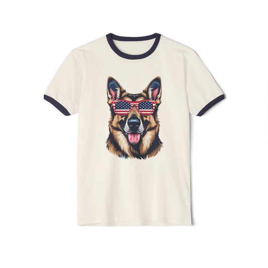 Patriotic Dog Lover German Shepherd Tee - Unisex Cotton Ringer T-Shirt with American Flag Sunglasses, Pet Owner Gift, 4th of July Apparel, Fun Summer