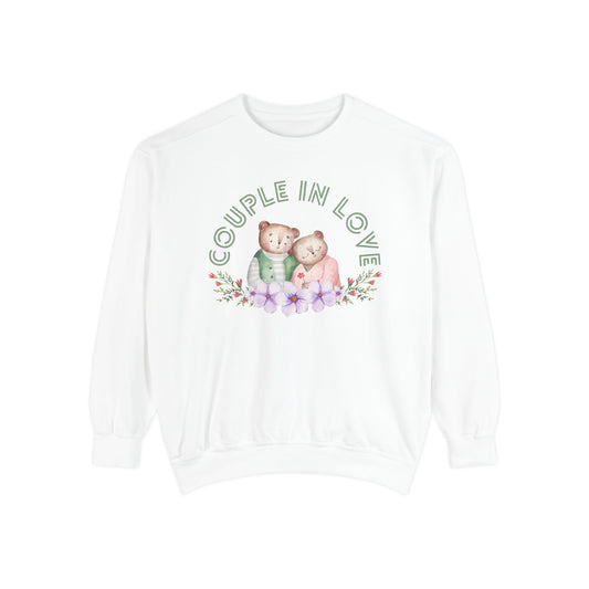 Unisex Valentine's Day Sweatshirt With Two Teddy Bears On Flowers and Caption Couple In Love