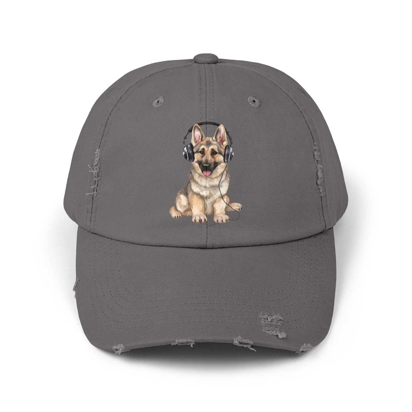 Distressed Dog Cap with German Shepherd Wearing Headphones | Pet Lover Gift | Adjustable Cap