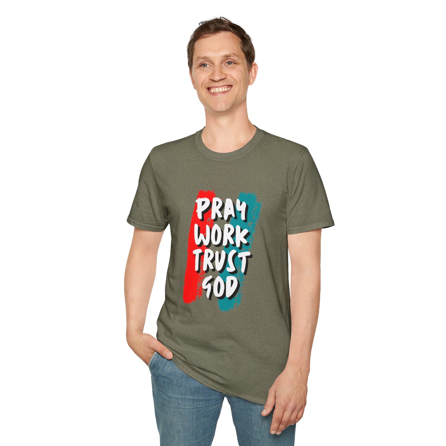 Inspiration Unisex T-Shirt - Pray, Work, Trust God, Motivational Tee, Faith-Based Apparel, Casual Wear, Gift for Believers, Christian Clothing