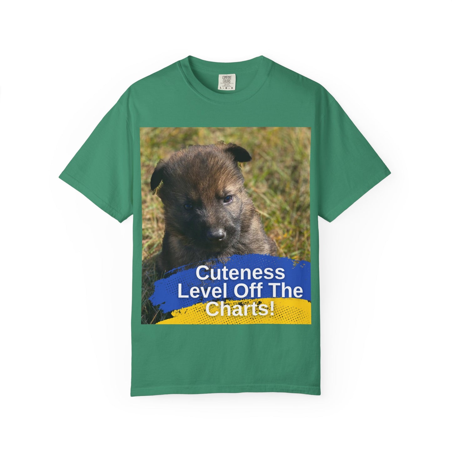 Unisex Dog Lover T-Shirt Featuring a German Shepherd Puppy and Caption Cuteness Level Off The Charts