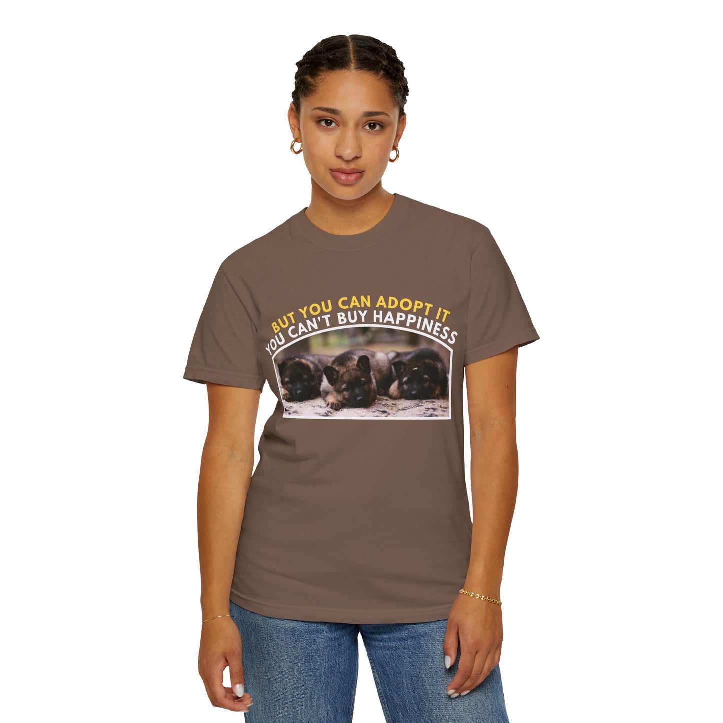 Unisex T-Shirt With Three Cute German Shepherd Puppies Sitting in a Row and Caption You Can't Buy Happiness But You Can Adopt It