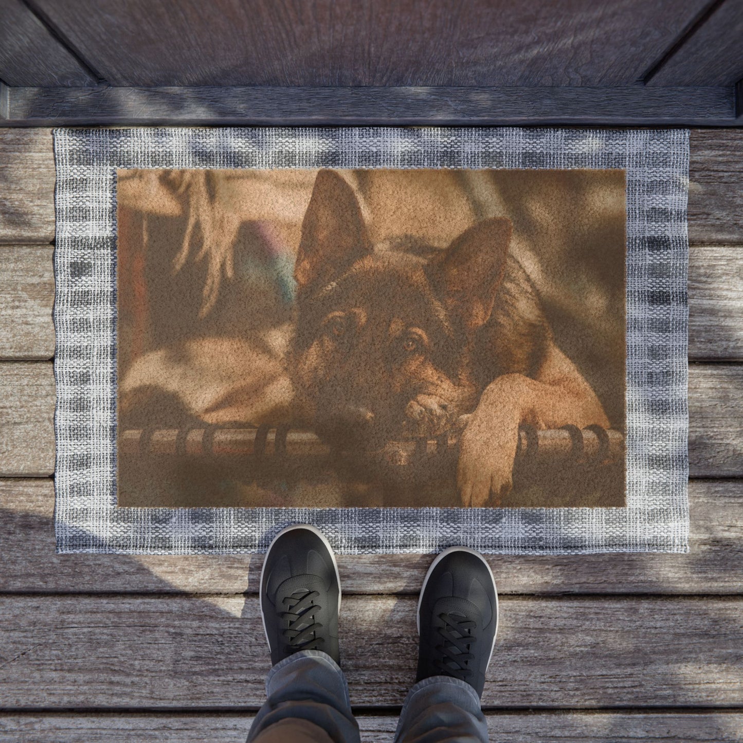 Dog Lover Doormat Featuring a Sable German Shepherd Resting on Outdoor Bed