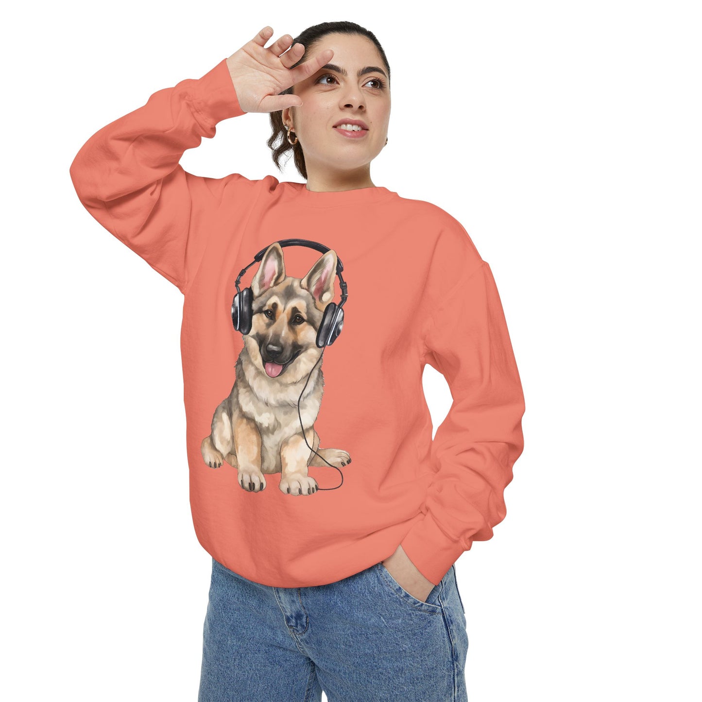 Unisex Dog Lover Sweatshirt With a German Shepherd Wearing Headphones Enjoying Music