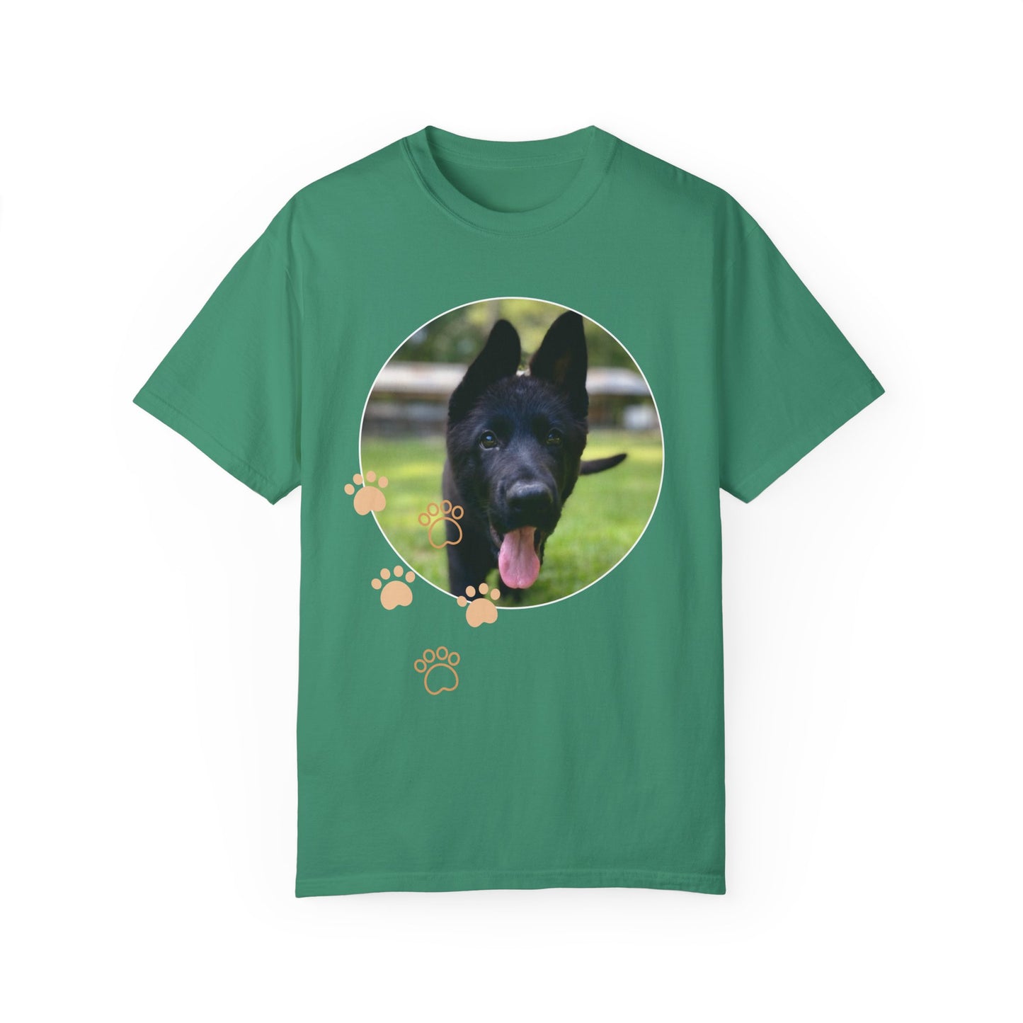 Unisex Dog Lover T-Shirt With Black German Shepherd Puppy Walking on Grass Leaving Tongue Out and Paw Icons
