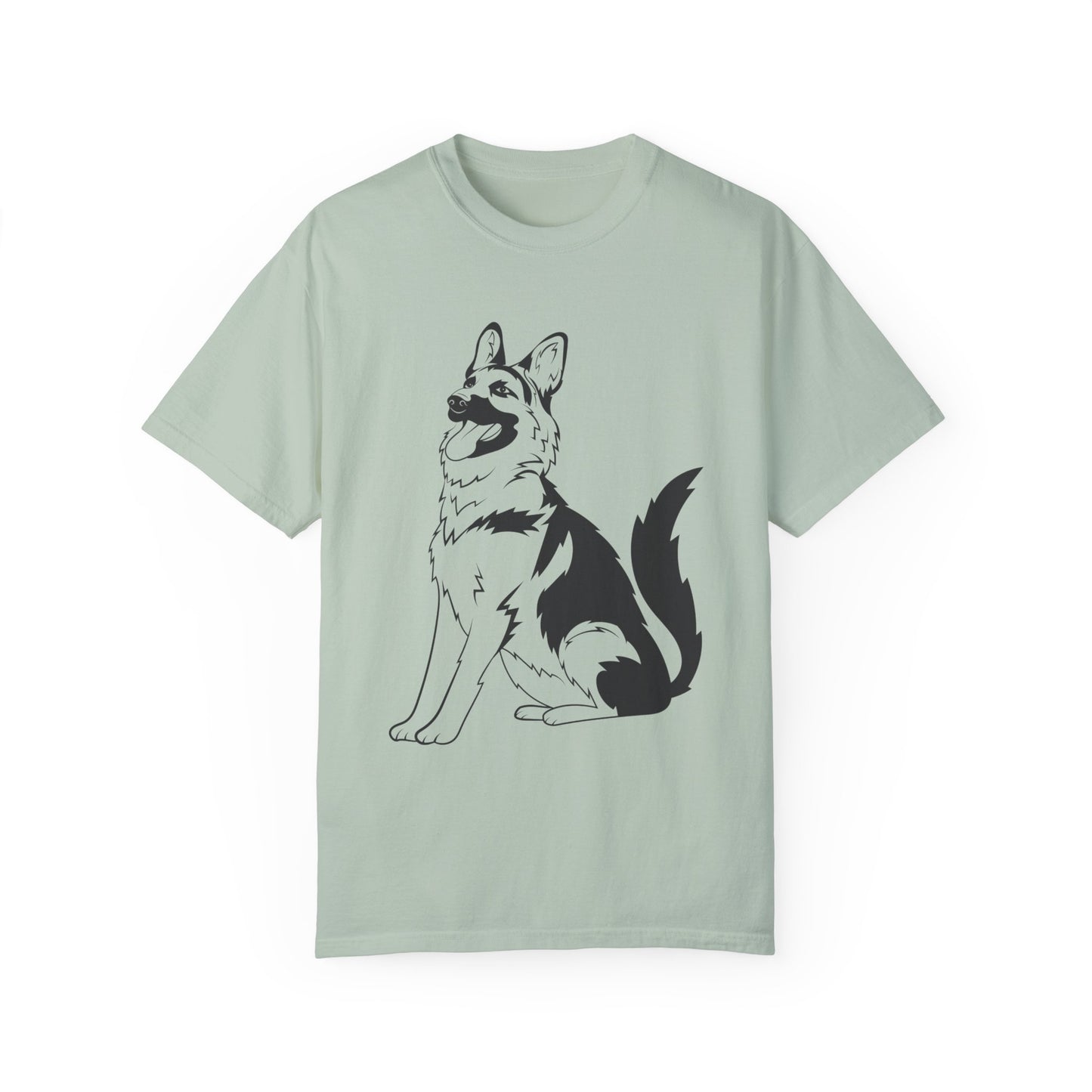 Unisex Dog Lover T-Shirt With a Graphic of Black and Transparent German Shepherd Sloppily Sitting
