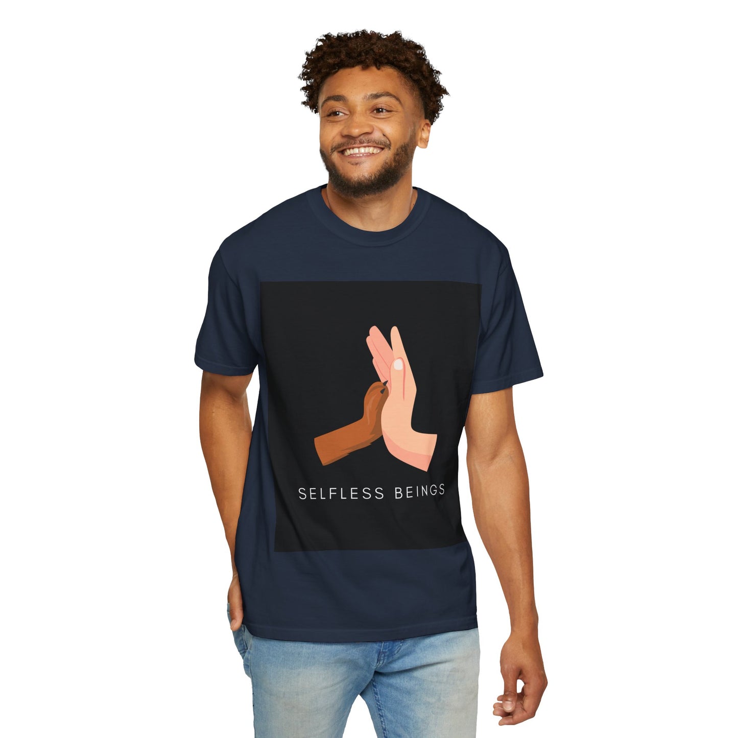 Unisex Dog Lover T-Shirt With Graphic of Human Hand Touching Dog's Paw and Selfless Beings Caption Below