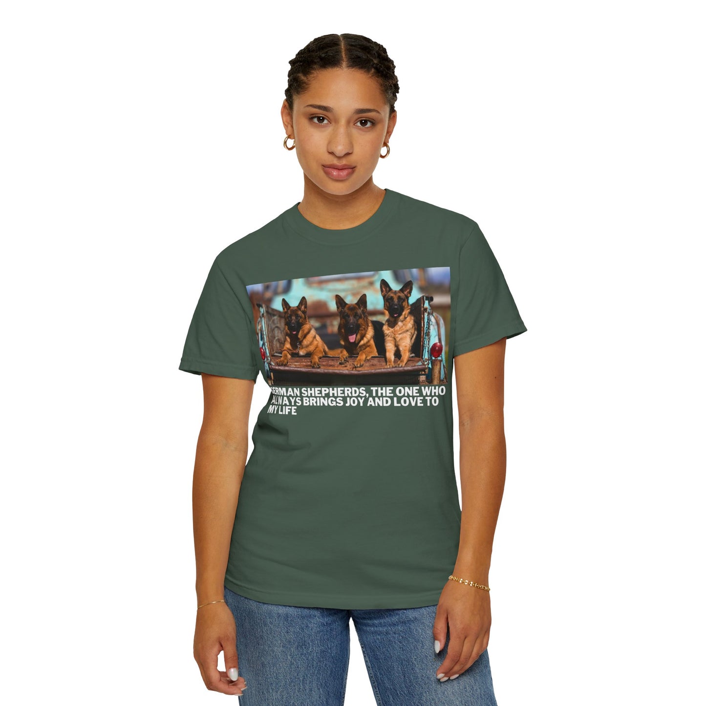 Unisex Dog Lover T-Shirt With Three German Shepherds Lying on the Truck's Cargo Bed in a Row and Caption The One Who Always Brings Joy and Love to My Love