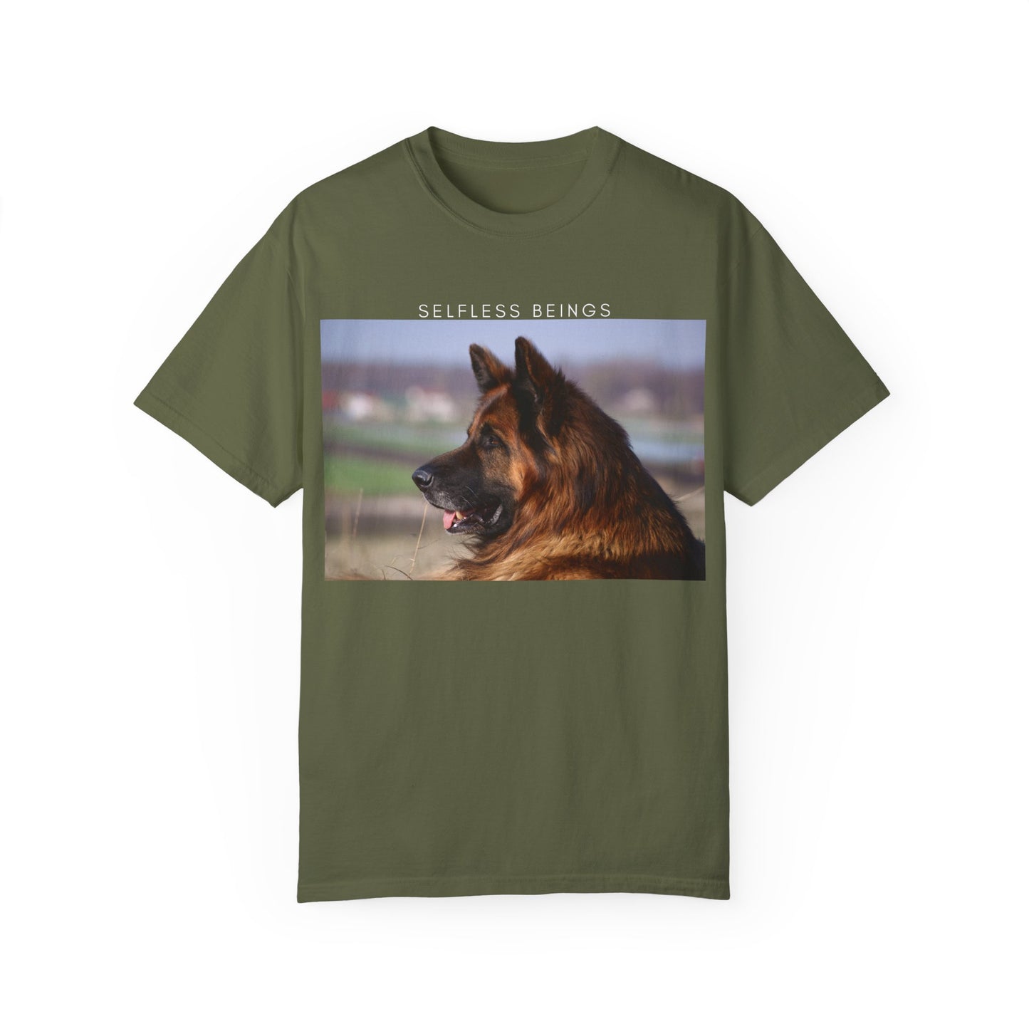 Unisex Dog Lover T-Shirt With Giant Long Coat German Shepherd Looking Straight and Caption Selfless Beings