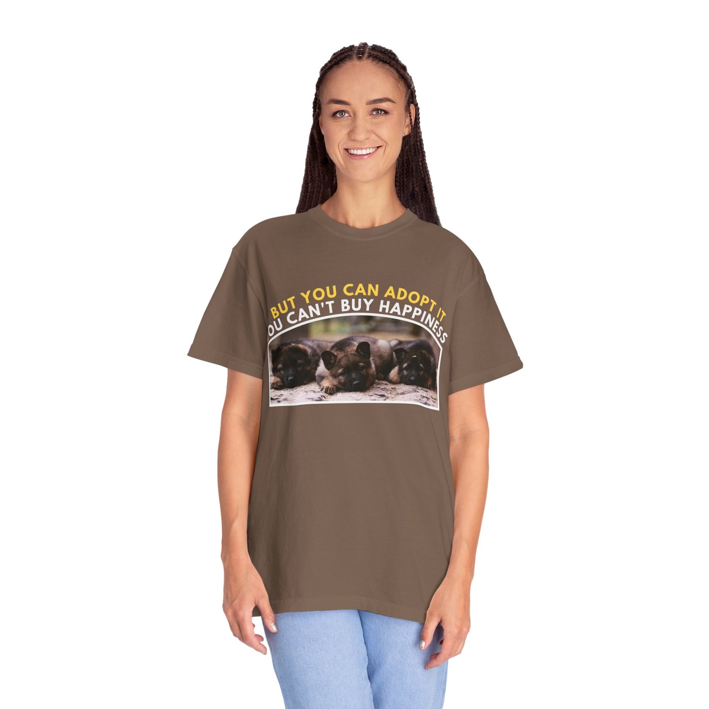 Unisex T-Shirt With Three Cute German Shepherd Puppies Sitting in a Row and Caption You Can't Buy Happiness But You Can Adopt It
