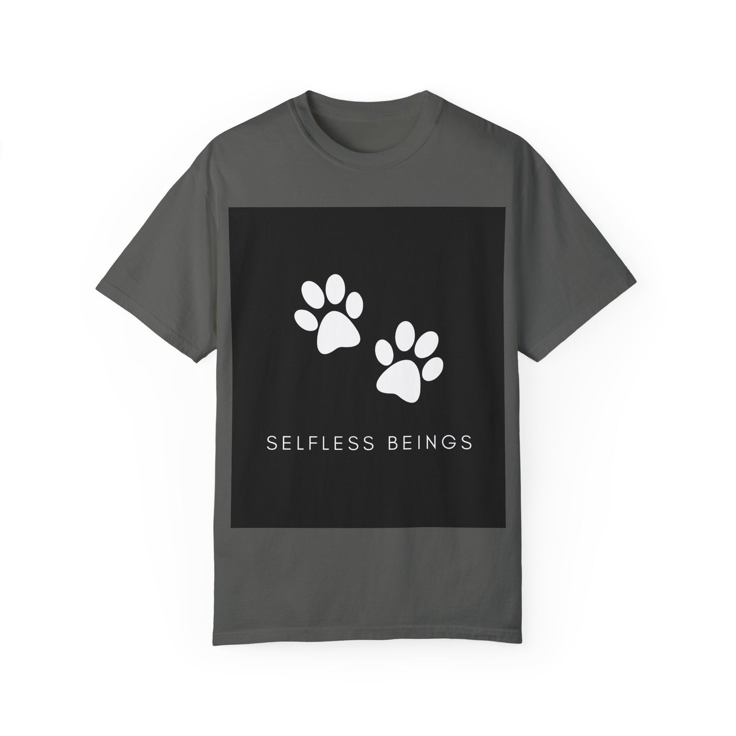 Unisex Dog Lover T-Shirt With White Dog Paw Prints and Caption Selfless Beings