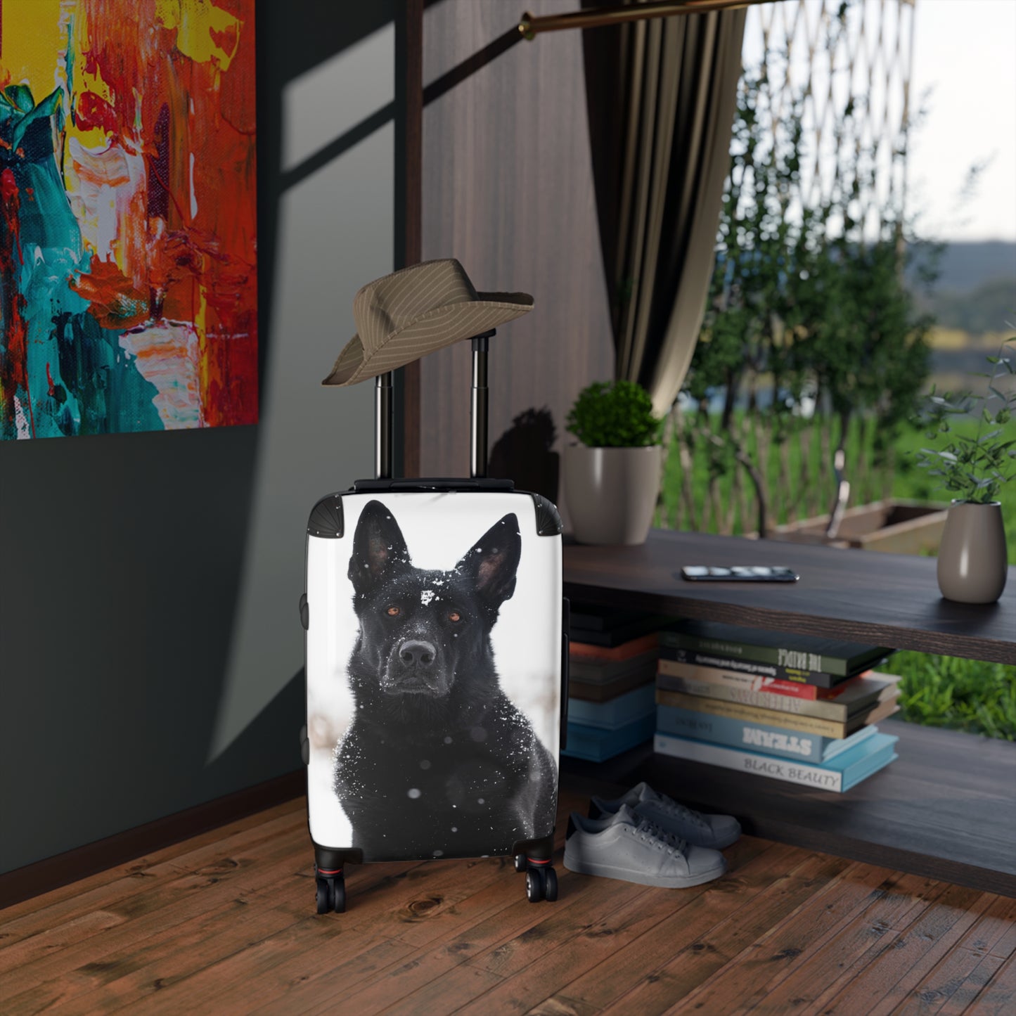 Dog Lover Suitcase Featuring a Giant Black Working Line German Shepherd In the Snow