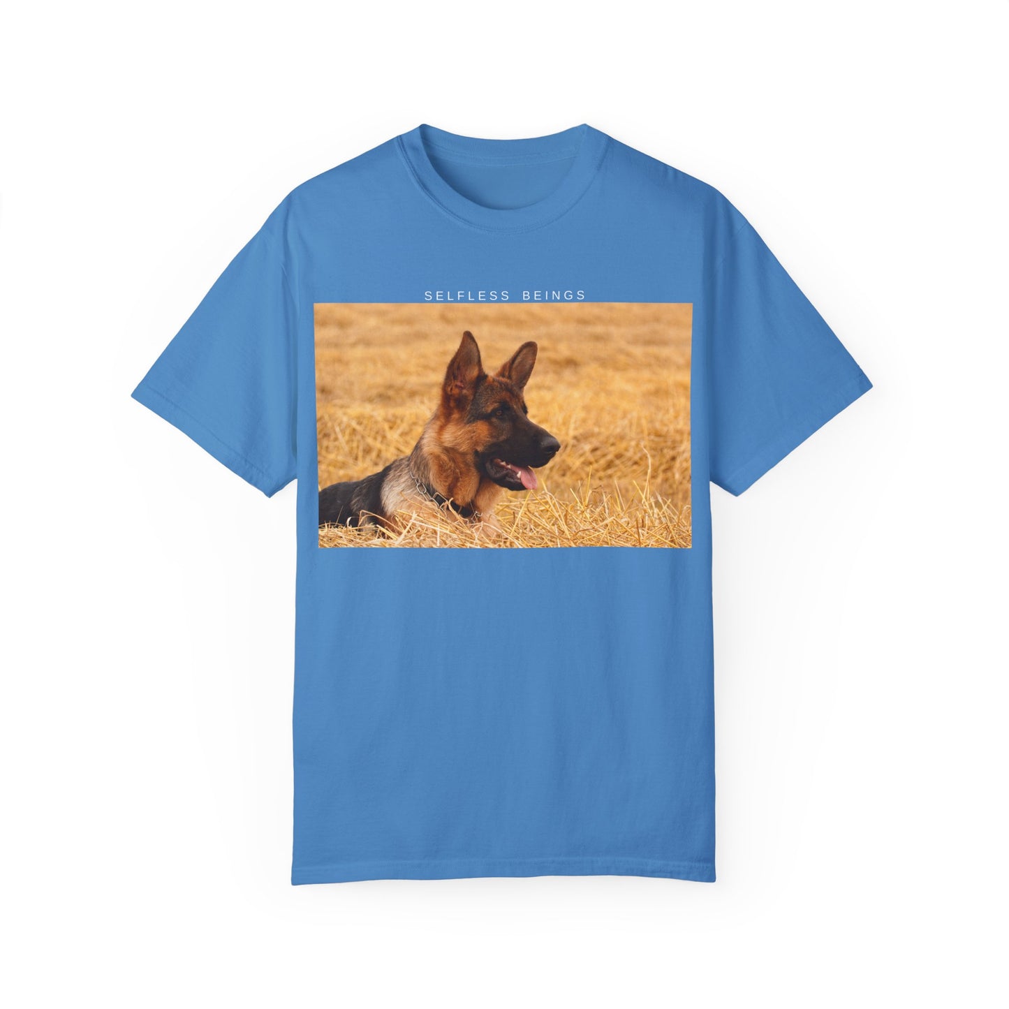 Unisex Dog Lover T-Shirt With a German Shepherd Relaxing on the Long Dry Grass and Caption Selfless Beings