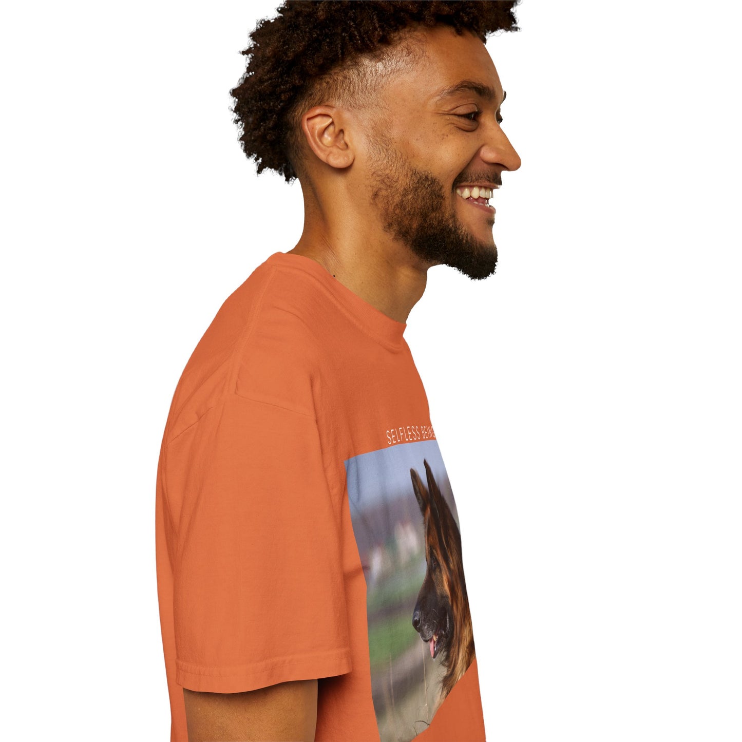 Unisex Dog Lover T-Shirt With Giant Long Coat German Shepherd Looking Straight and Caption Selfless Beings