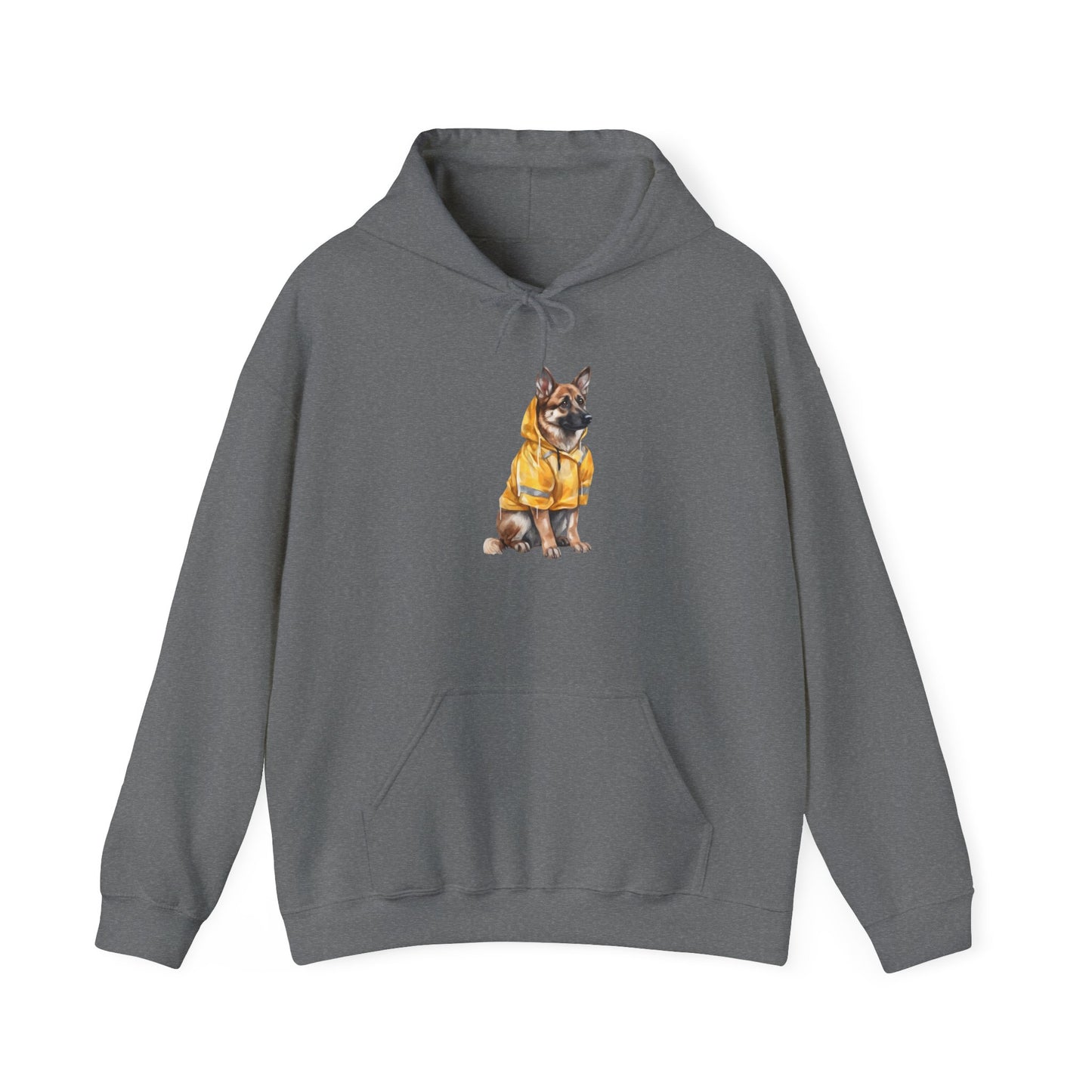 Unisex Dog Lover Hoodie With a Graphic of German Shepherd Wearing a Yellow Rain Coat