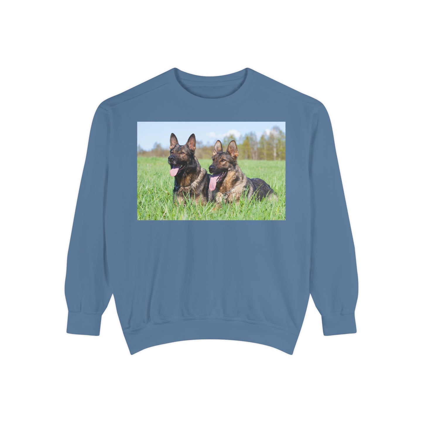 Unisex Dog Lover Sweatshirt With Two Giant German Shepherds Lying on the Grass With Tongues Out