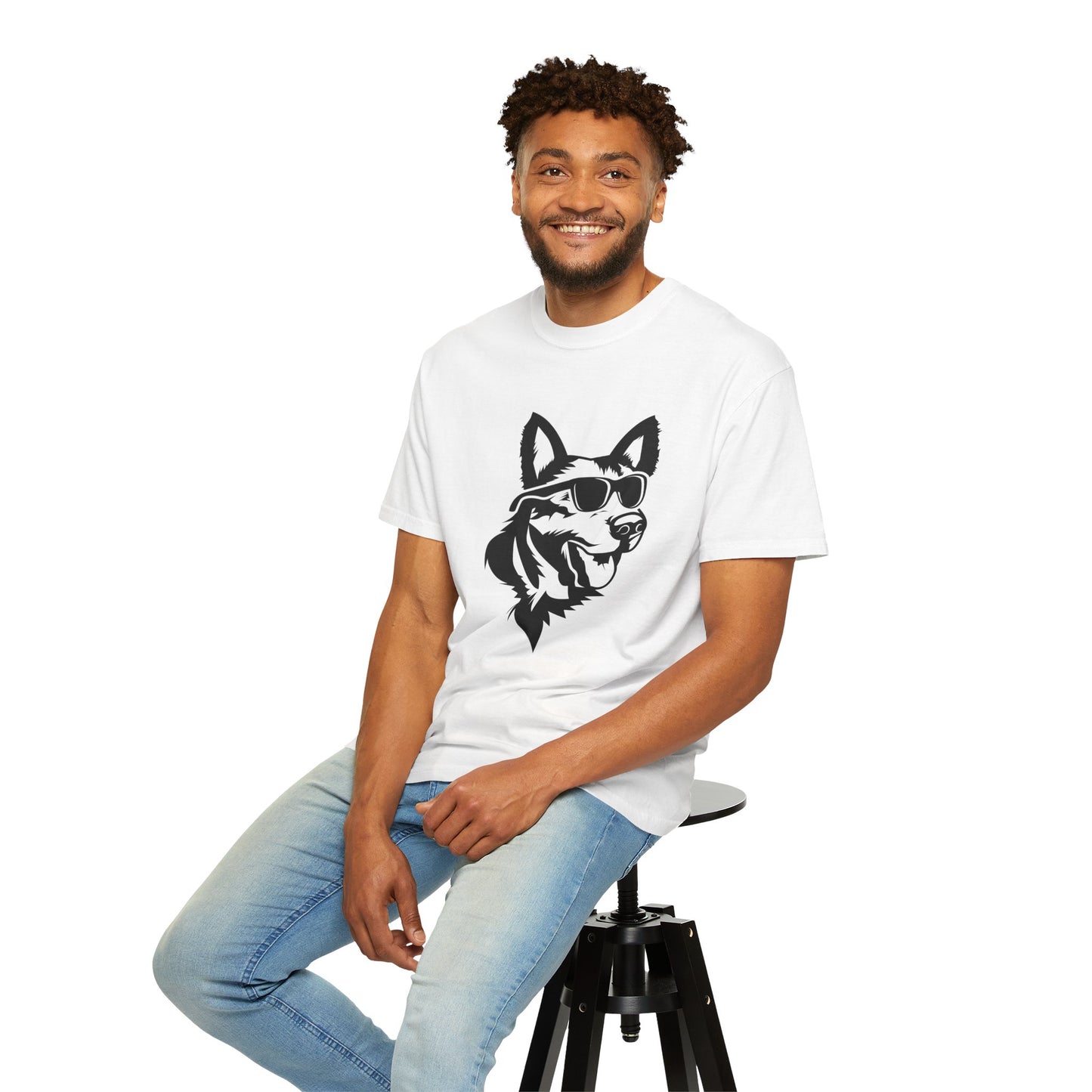 Unisex Dog Lover T-Shirt With a Graphic of Close Up Faced German Shepherd Wearing Black Glasses