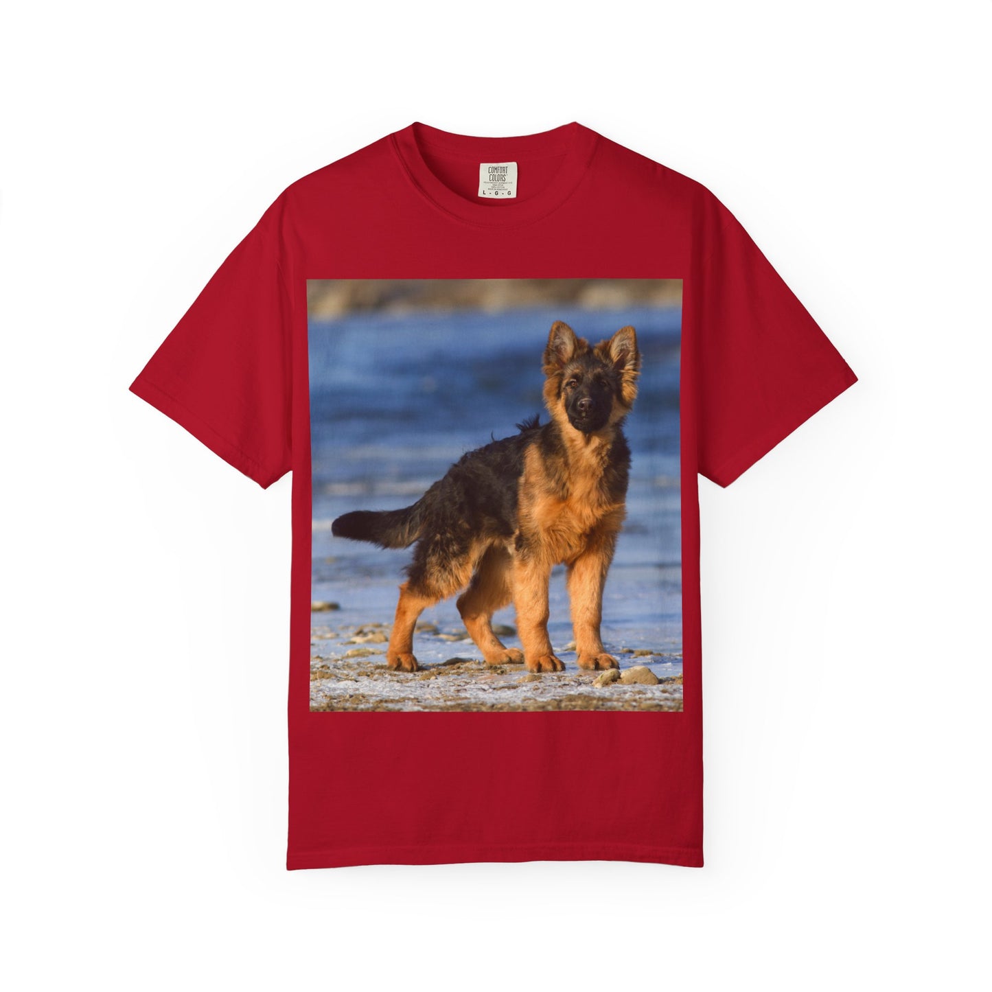 Unisex Dog Lover T-Shirt Featuring Beautiful German Shepherd Puppy Standing at the Sea Shore