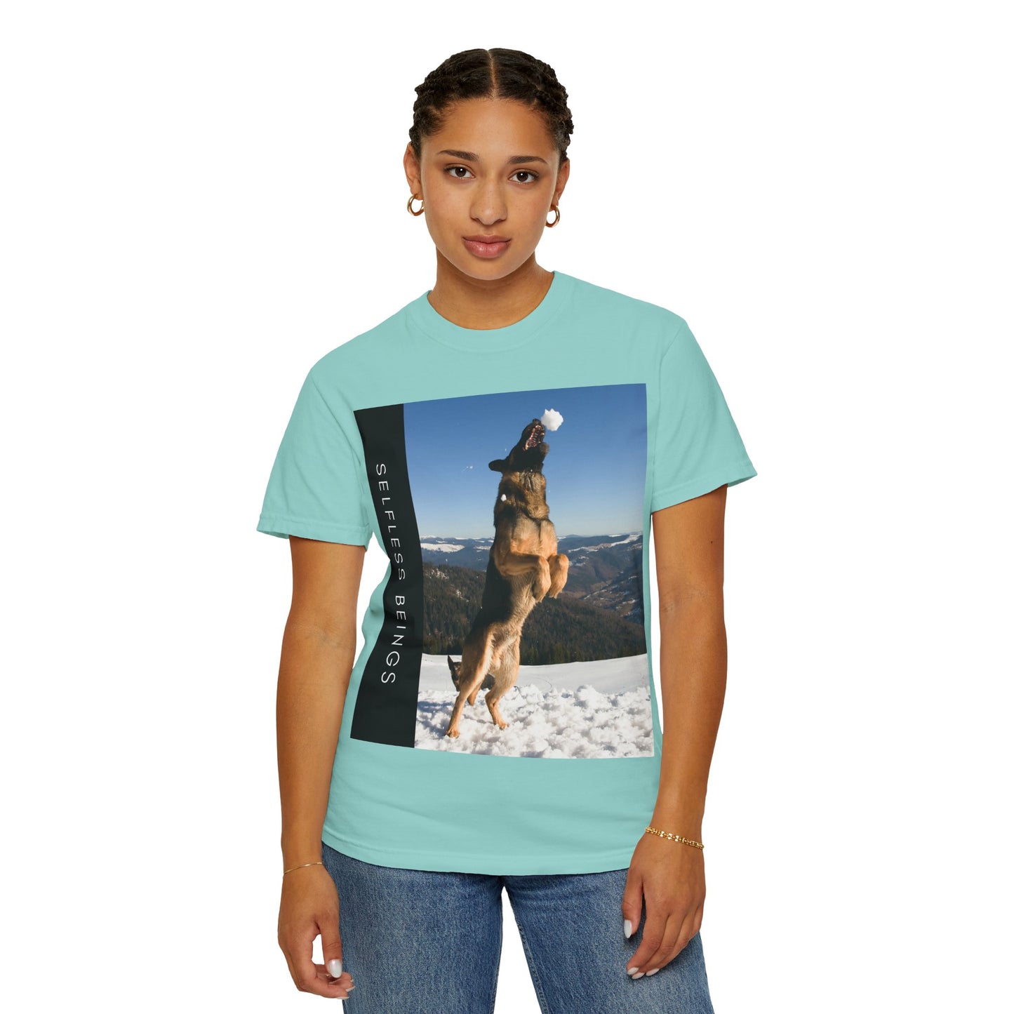 Unisex Dog Lover T-Shirt With a German Shepherd Jumps Upward to Catch a Small Snowball With Mouth and Caption Selfless Beings