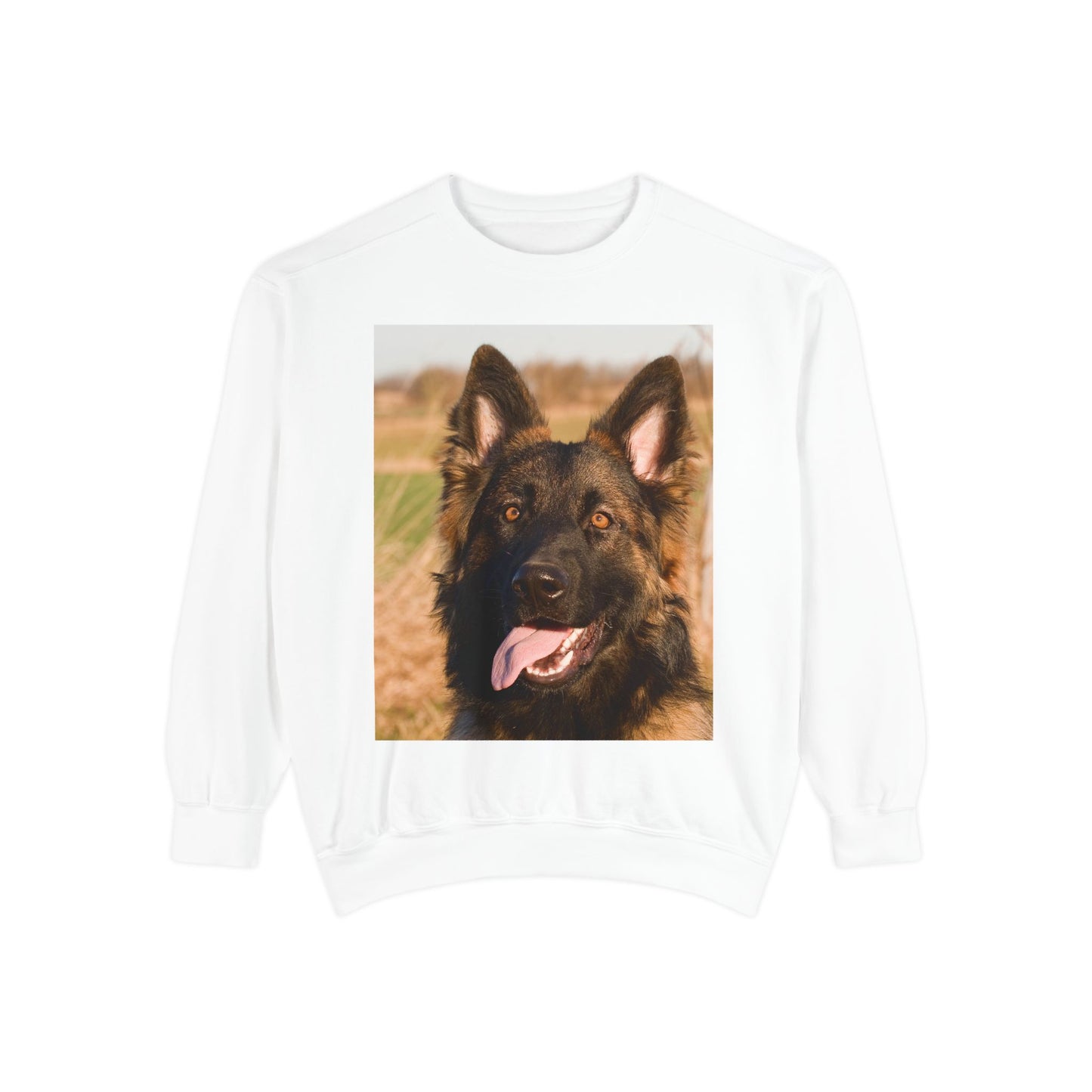 Unisex Dog Lover Sweatshirt With Close Up of Long Coat German Shepherd Sticking Tongue Out