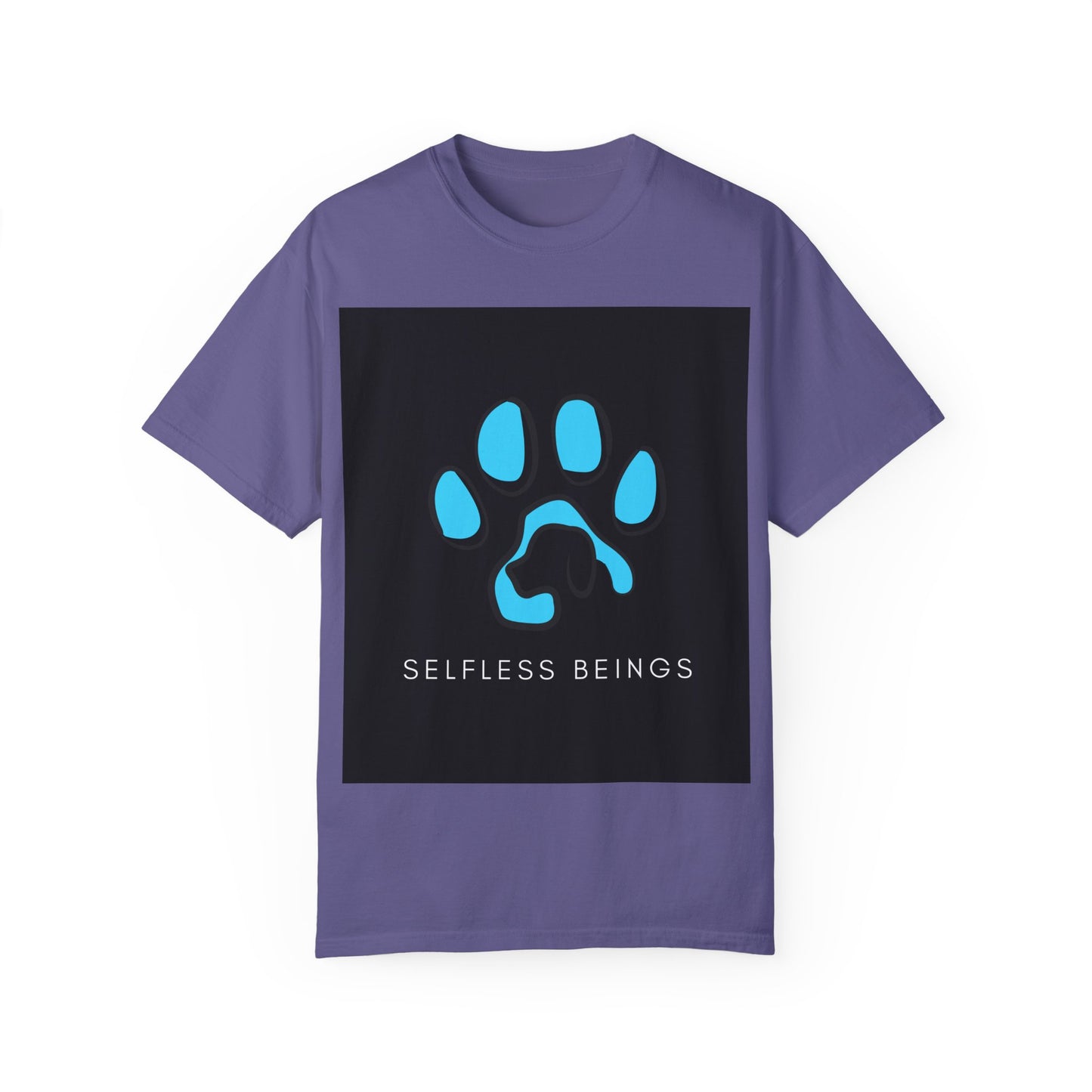Unisex Dog Lover T-Shirt With Graphic of Blue Colored Dog Paw's Print Whose Metacarpal Contains a Design of Black Dog and Caption Selfless Beings Below