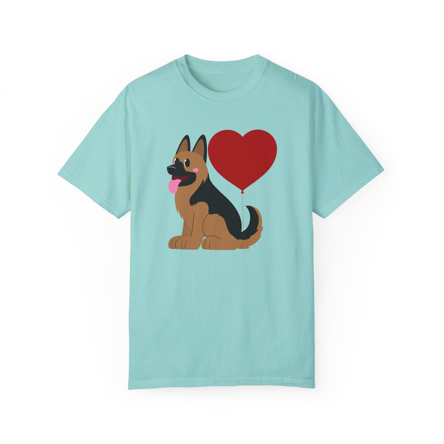 Unisex Dog Lover T-Shirt With a Graphic of German Shepherd Puppy and Heart Shaped Balloon Attached With Tail