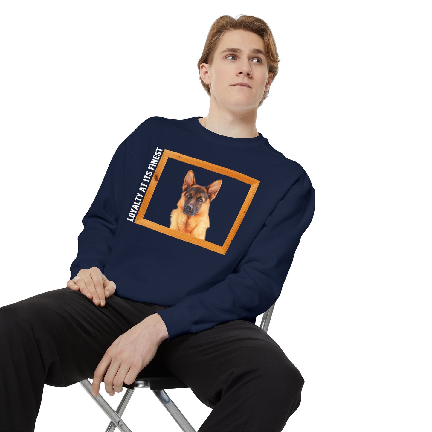 Unisex Dog Lover Sweatshirt With a German Shepherd's Head Inside a Wooden Frame and Caption Loyalty at Its Finest