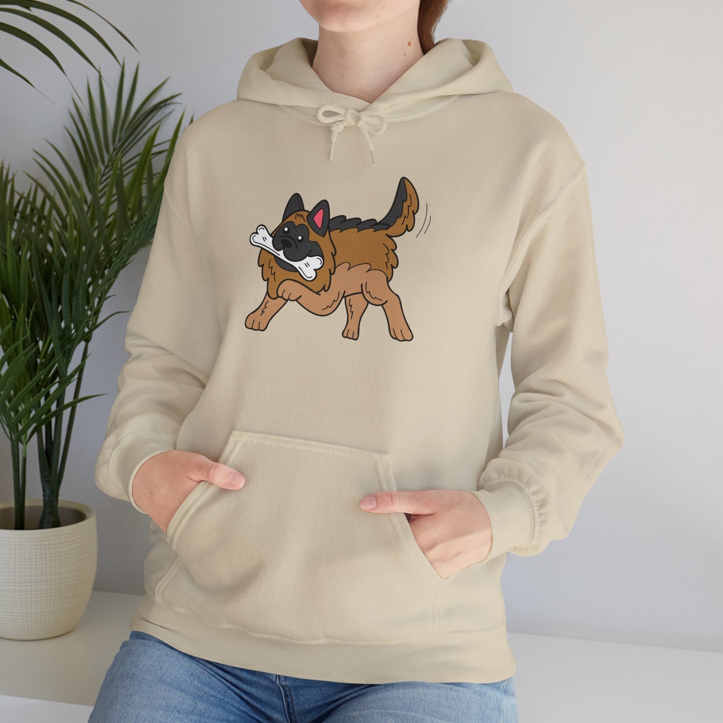 Unisex Dog Lover Hoodie With a Graphic of a German Shepherd Holding a White Bone in Mouth