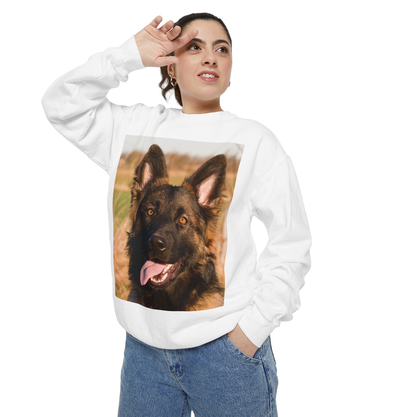Unisex Dog Lover Sweatshirt With Close Up of Long Coat German Shepherd Sticking Tongue Out
