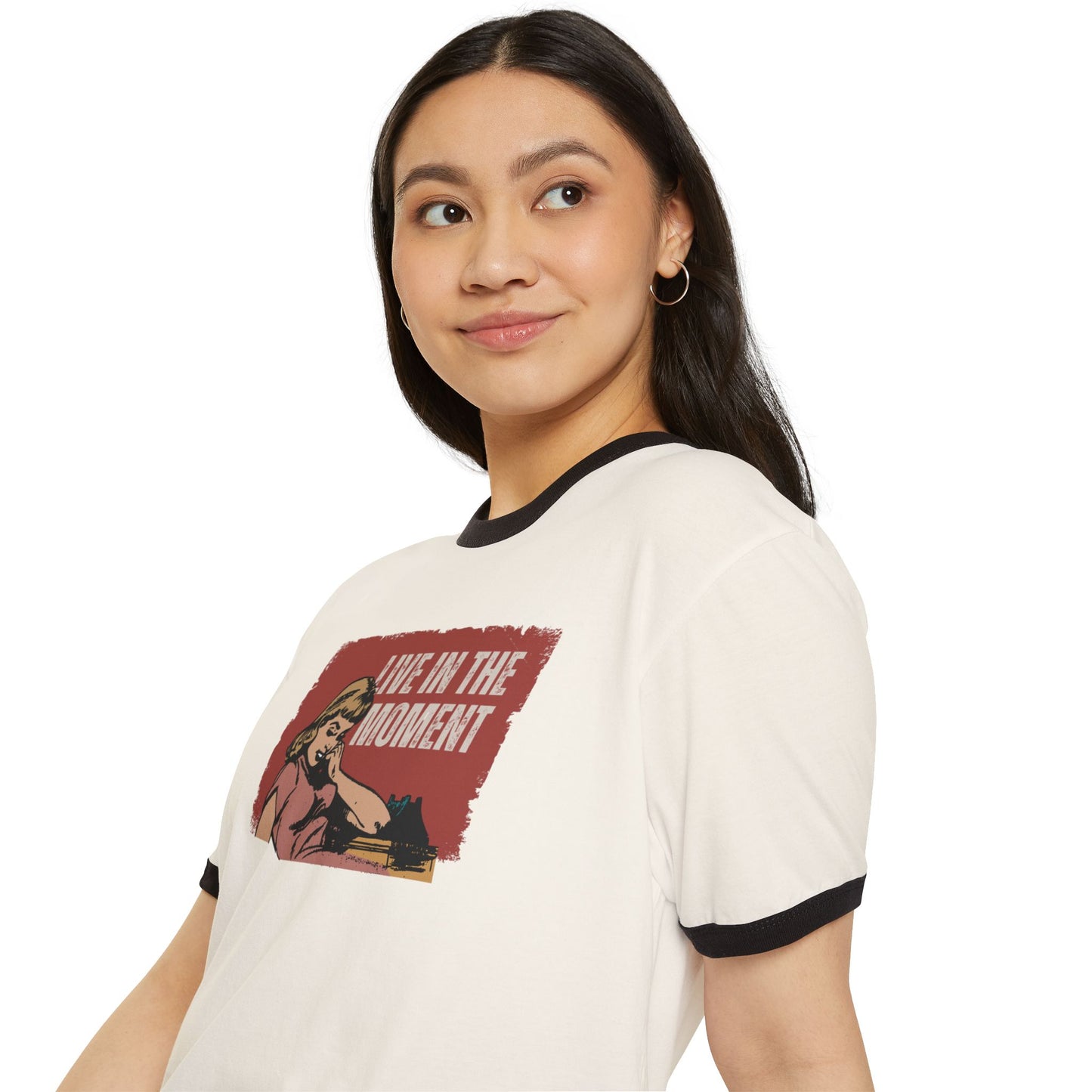 Live in the Moment Unisex Cotton Ringer T-Shirt, Retro Graphic Tee, Casual Wear, Gift for Her, Motivational Trendy Top