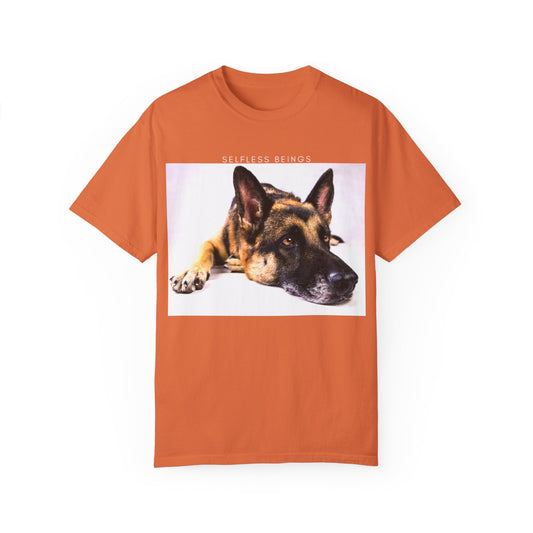 Unisex Dog Lover T-Shirt With Close Up of Bored German Shepherd Laying His Head On the Floor and Caption Selfless Beings