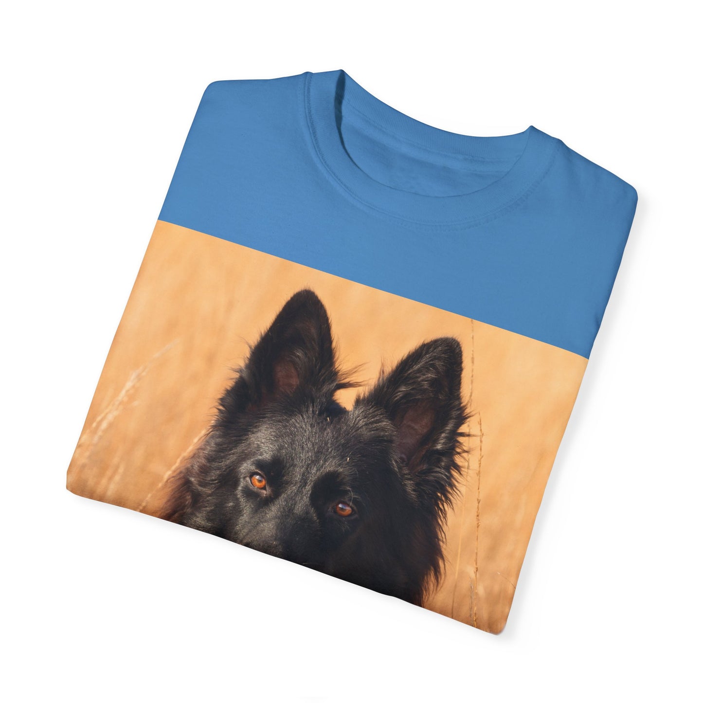 Unisex Dog Lover T-Shirt With Solid Black German Shepherd in the Middle of Long Dry Grass Leaving Tongue and Caption Selfless Beings