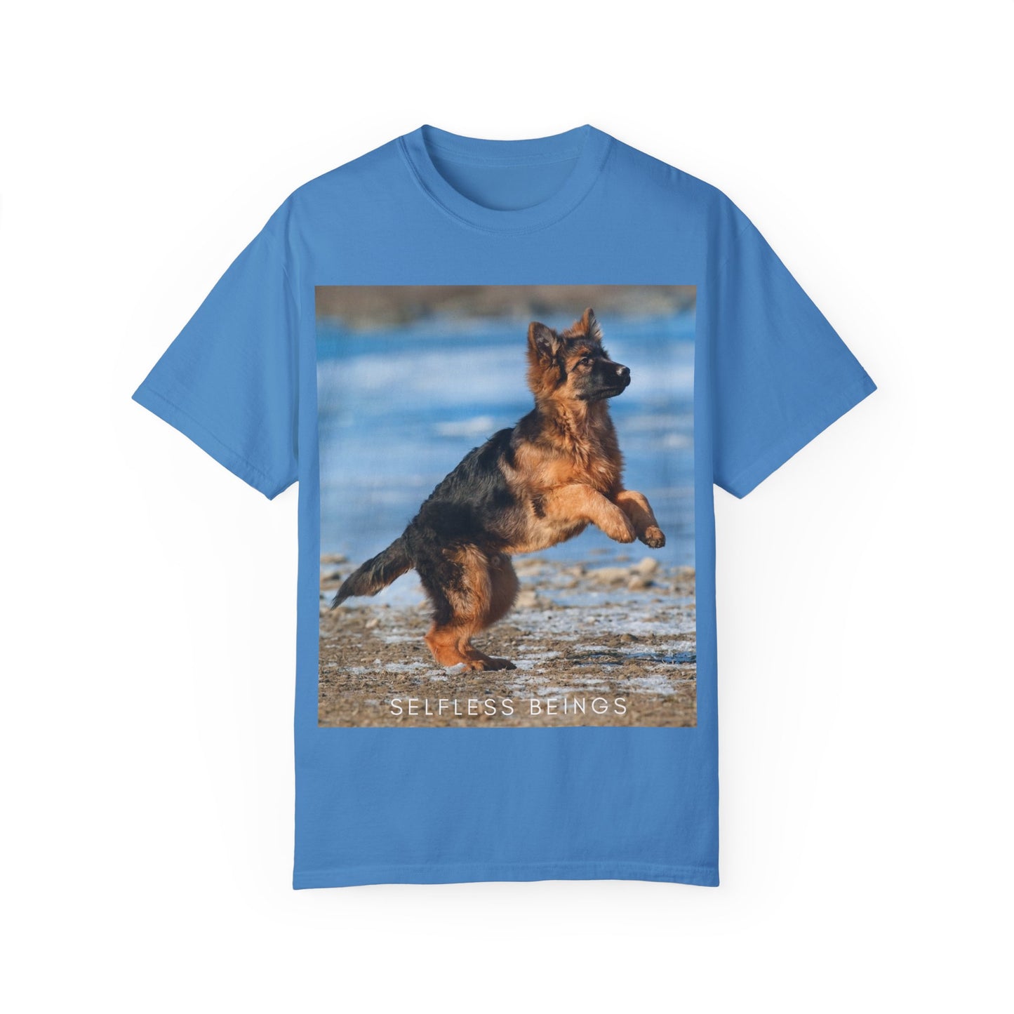 Unisex Dog Lover T-Shirt With Gorgeous German Shepherd Puppy Standing on Back Legs at Seashore and Caption Selfless Beings