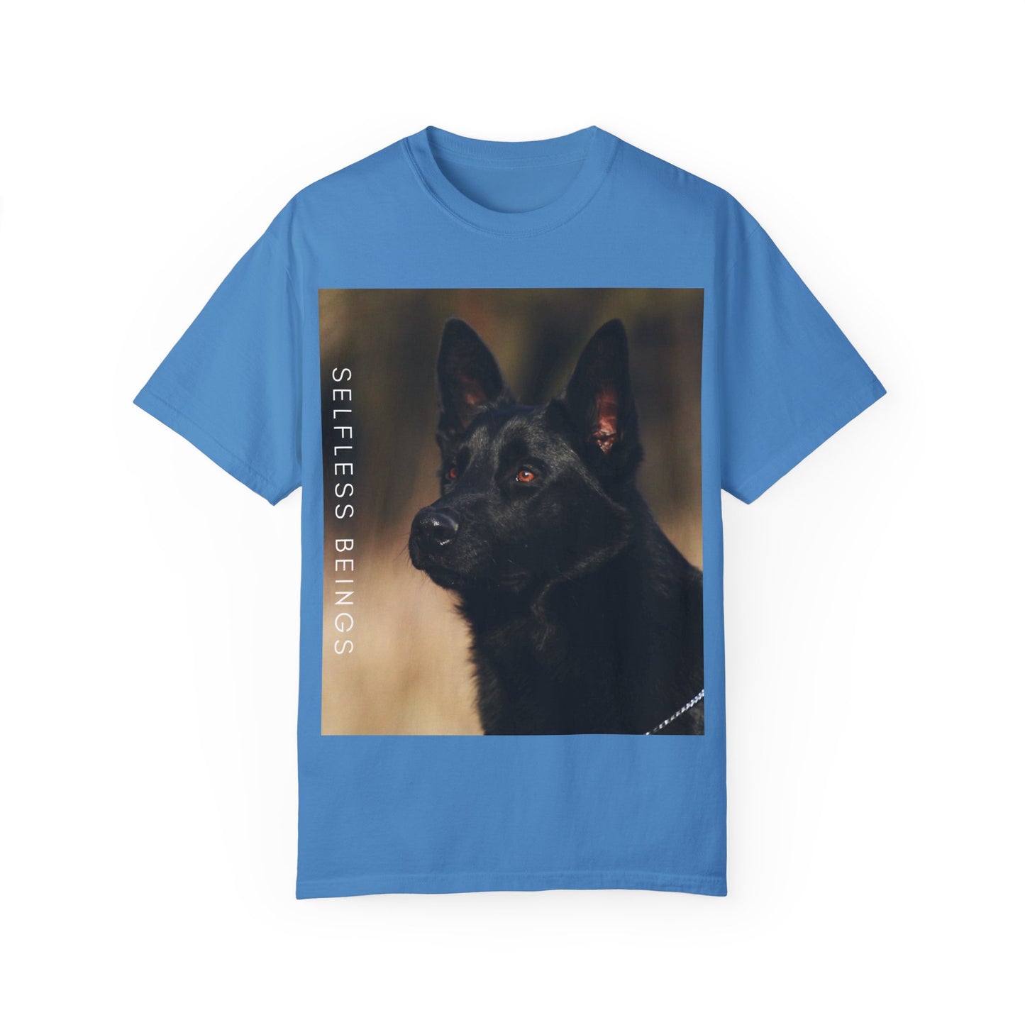 Unisex Dog Lover T-Shirt With Close Up of Serious Looking Solid Black German Shepherd and Caption Selfless Beings