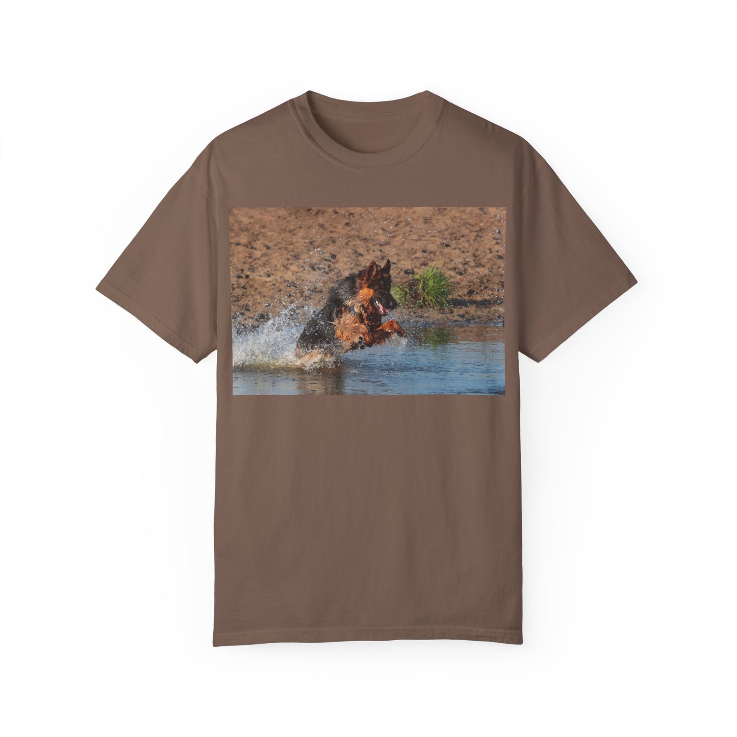 Unisex Dog Lover T-Shirt With Giant German Shepherd Jumps in the River