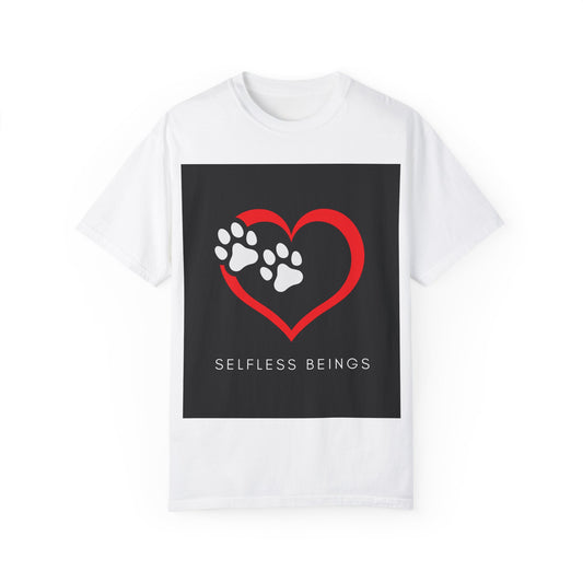 Unisex Dog Lover T-Shirt With Graphic of Red Heart That Contains Two White Dog Paw Prints and Caption Selfless Beings
