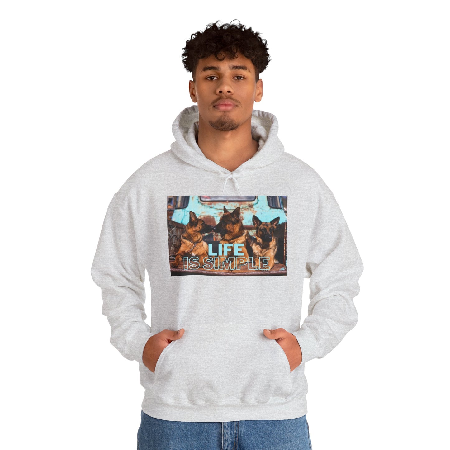 Unisex Dog Lover Hoodie With Three German Shepherds Sitting on the Truck's Cargo Bed and Caption Life is Simple
